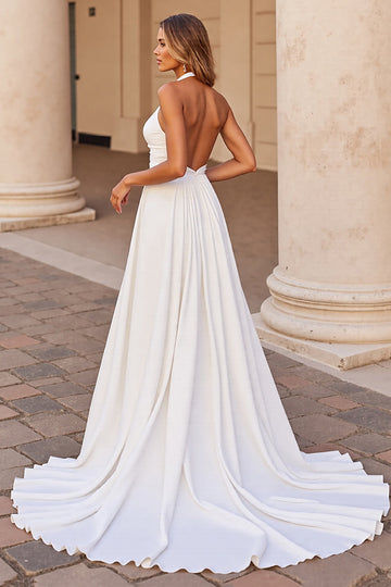 Halter A Line White Wedding Dress with Hollow Out